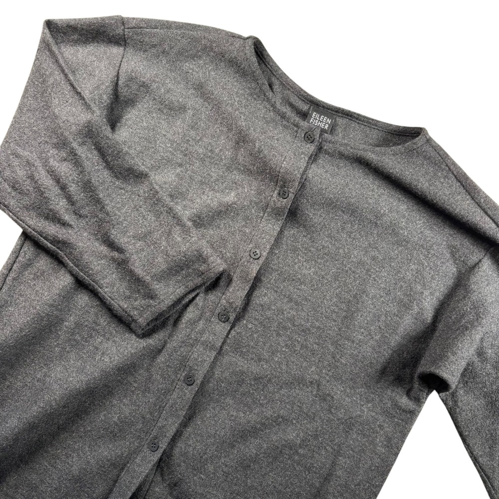 Eileen Fisher Cardigan Women M Gray 100% Wool Button Front Tunic Slit USA Made